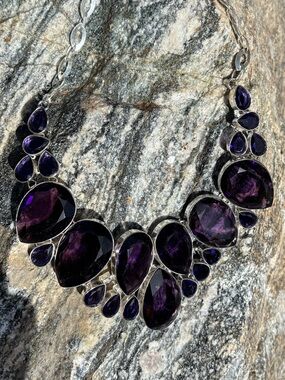 Sterling Silver African amethyst Statement Necklace with Deep Purple Teardrops